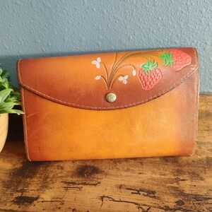 Strawberry leather wallet cognac handmade vintage flowers floral coin purse